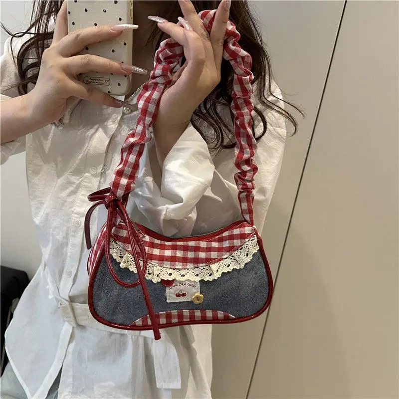 

Lovely Lattice Shoulder Bag Sweet Bow Denim Underarm Bag Fashion Pleated Drawstring Design Daily Commuting Handbag