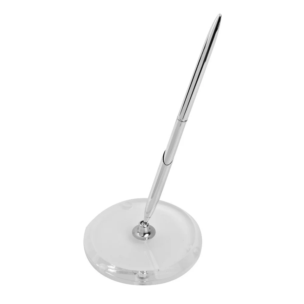 

Elegant Crystal Look Pen Holder Set for Wedding Bridal Engagement Silver Round Base 360 Degrees Rotatable Guest Book Accessory