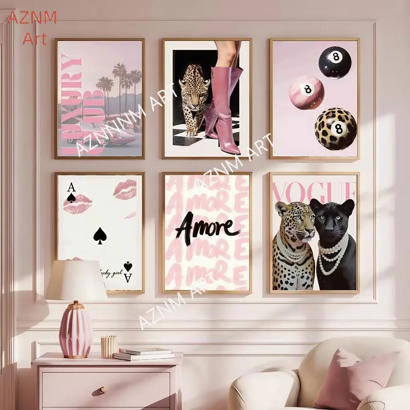 1/6pcs Pink Leopard Cheetah Animal Canvas Painting Wall Art Lucky 8 Ball Print Poster Modern Living Room Bedroom Decor