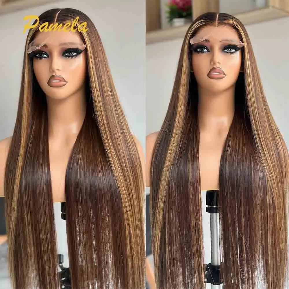 250% Density Highlight Bone Straight Lace Front Wig Ombre 4/27 Colored 13x6 HD Transparent Lace Front Human Hair Wigs For Women