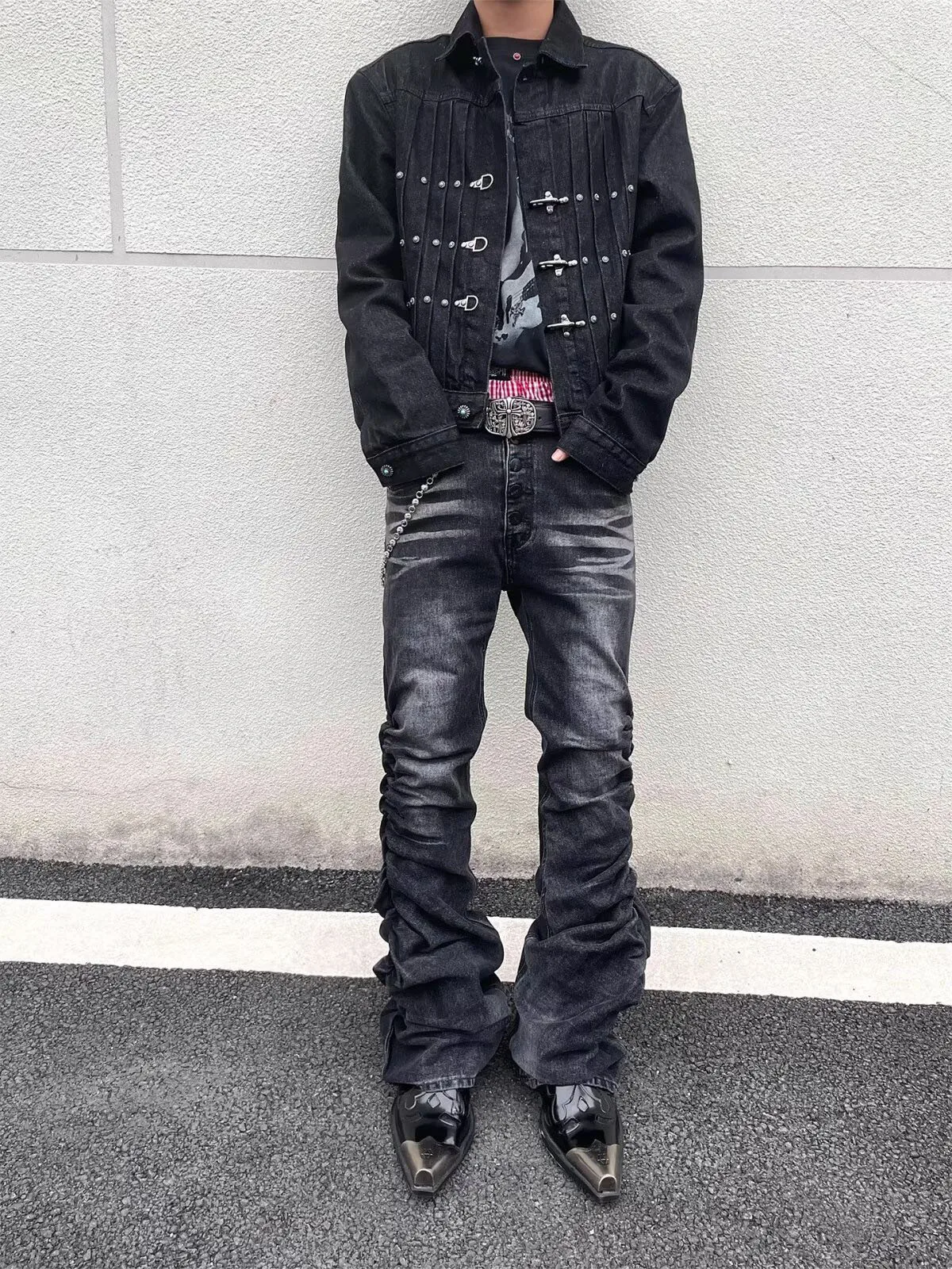 

Retro Waed Distred Design Men's Jeans Floor-Length Straight Leg Micro Flared Denim Pants Bla Slim Fit Wear Resistant