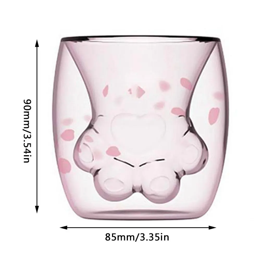 Cute Transparent Cat\'s Paw Cup Coffee Milk Beer Mug Cherry Pink Transparent Double Glass Cat Paw Cup Milk Juice Cup Best Gift