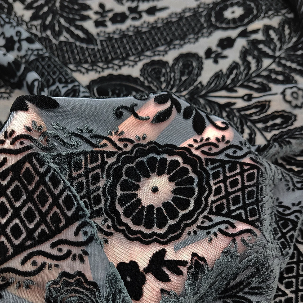 

Mulberry Silk & Hollow Velvet Dress Fabric - 100cm x 140cm, White & Black, Chinese Style with Burned/Rotten Floral Patterns