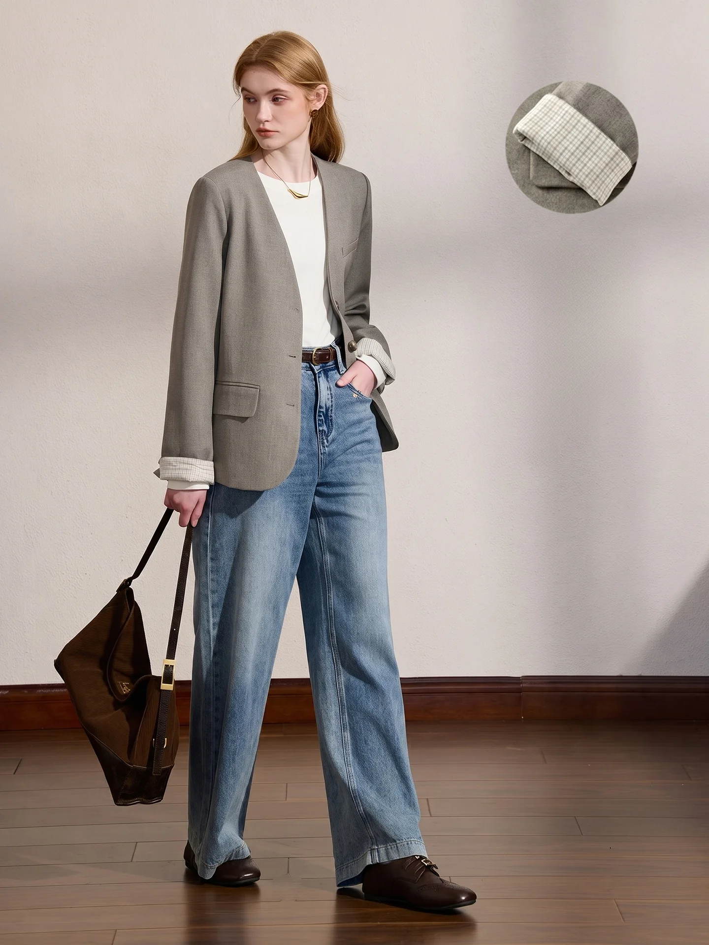 V-Neck Shoulder Pad Long Sleeve Casual Checkered Cuff Smartness Women's Autumn Suiting Jacket KUHNMARVIN Commute Style