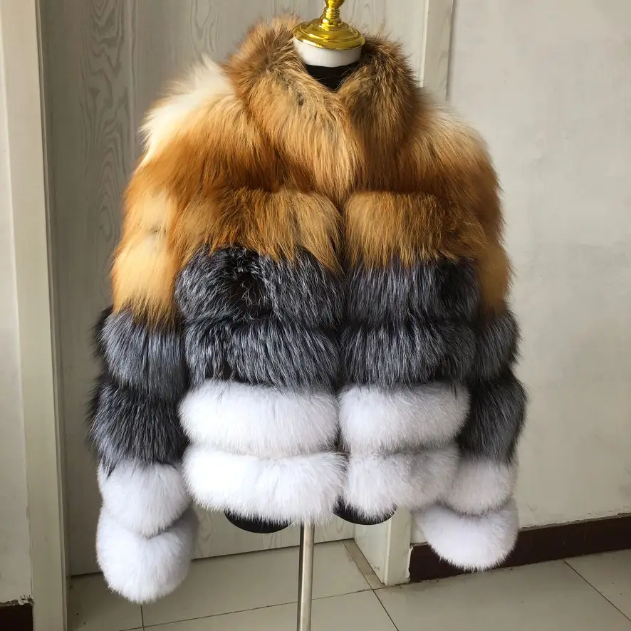 Women\'s Fall Winter Luxury Natural Fur Coat Ladies Fashion Real Fox Fur and Red Fox Silver Fox Fur Mixed High Quality Fur Jacket