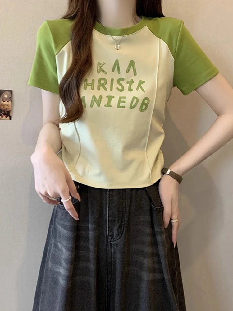 Dopamine Green Shoulder Insert Short Sleeve Women's T-shirt Summer plus Size Irregular Fishbone Design Korean Style Top