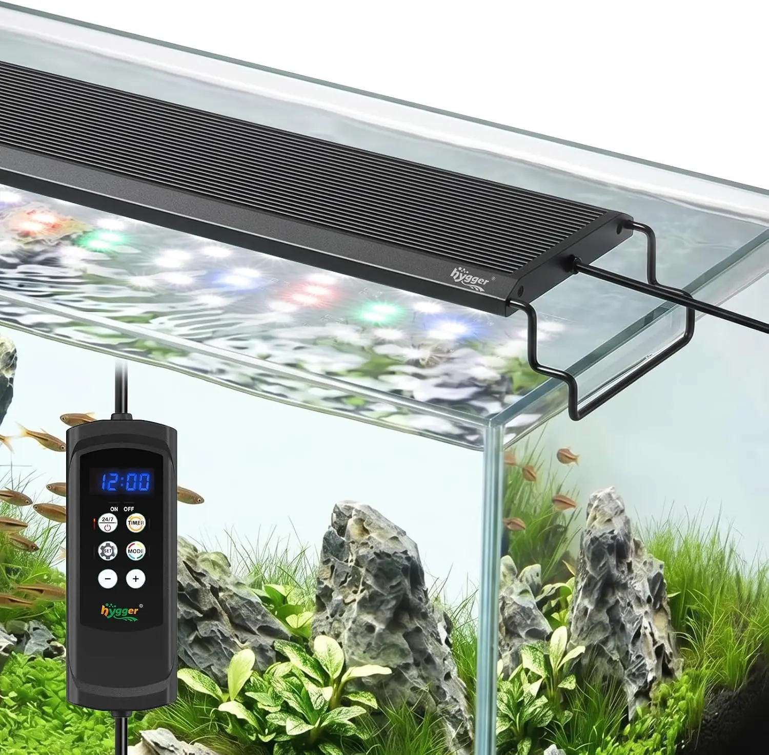 Full Spectrum LED Aquarium Light, 60W Fish Tank Lamp with 24/7 Remote Control, Adjustable Timer, Brightness and Color Settings, Extendable Bracket, Power-Off Memory, Plant Growth Light for 48-52 Inch Tanks