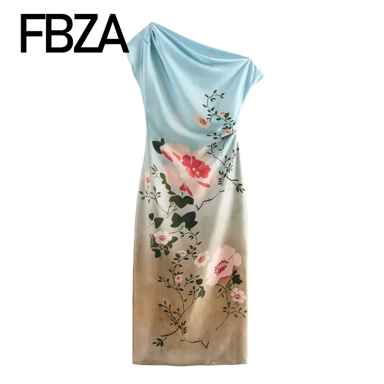 FBZA Women Fashion Summer New Flower Printed Satin Texture Sleeveless Fold Side Zip Dress French Chic Female Evening Clothing