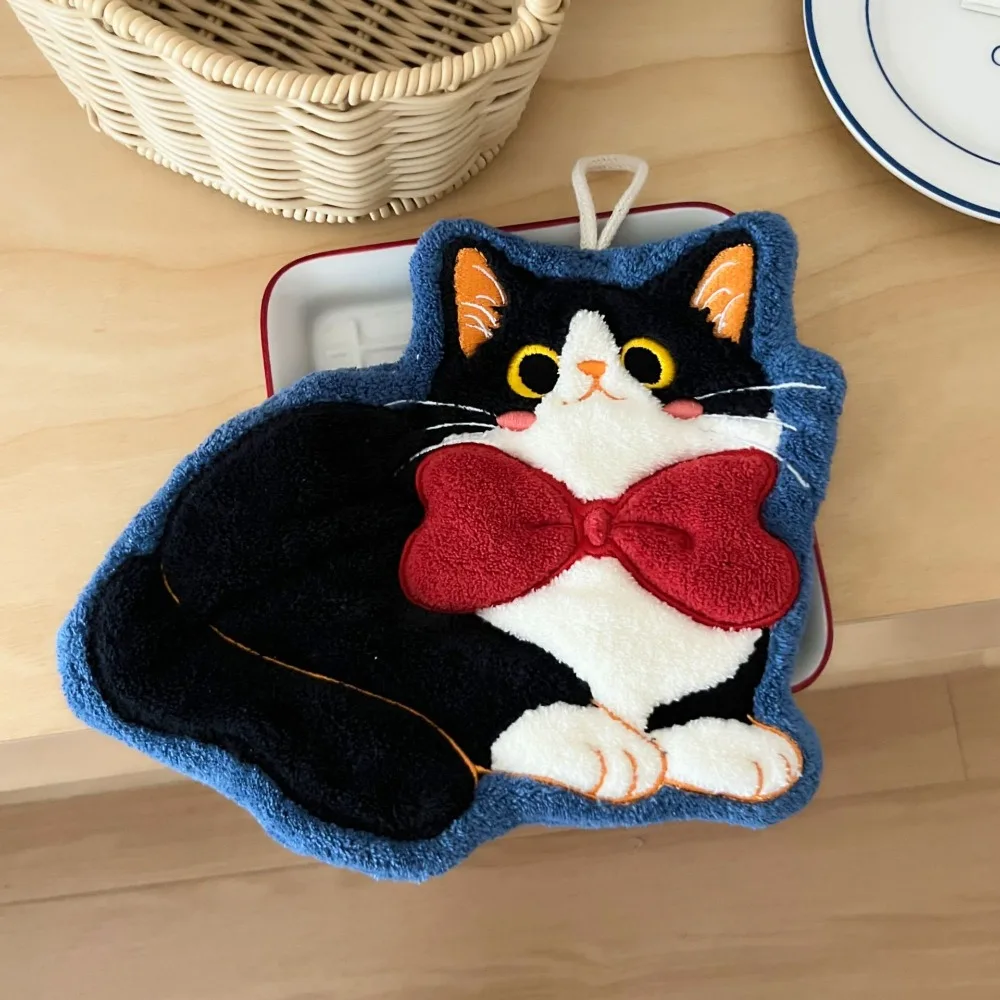 Hanging Hand Towel Soft Absorbent Coral‑Fleece Handkerchief Lovely Kitten Pattern Quick‑Dry Kitchen Towel for Home Bathroom