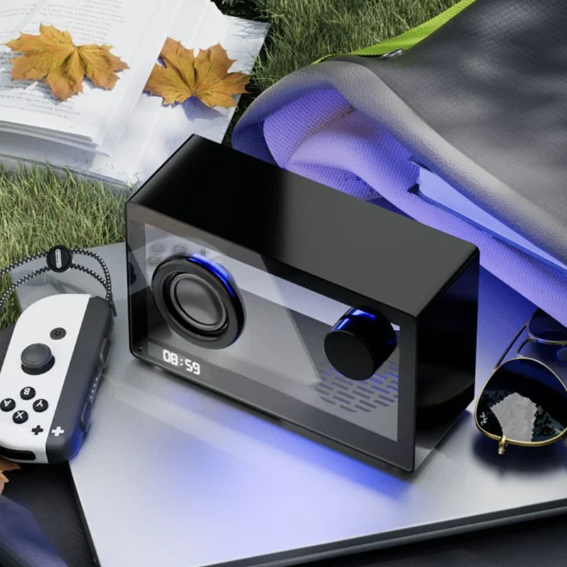 Transparente Lautsprecher, Heimdekoration, kabellose Spieluhr, HiFi, tragbare Uhr, Bluetooth-Lautsprecher, TF mit farbigem LED-Umgebungslicht