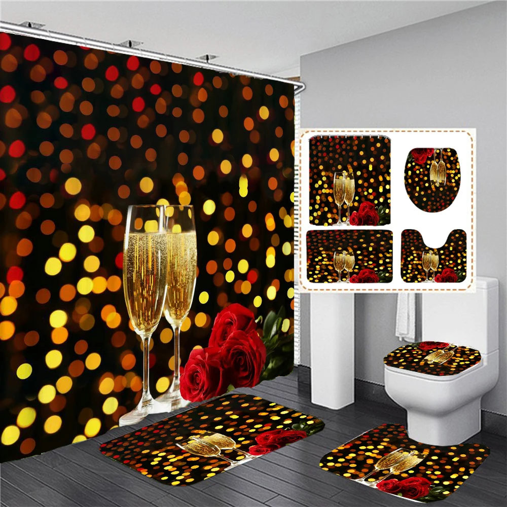 Love Romantic Red Rose Shower Curtain Set Toilet Lid Cover and Bath Mat Valentine\'s Day Bathroom Curtains with Hooks Home Decor