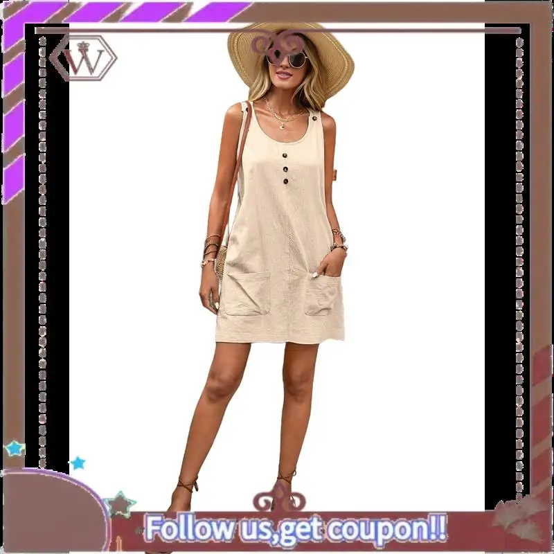 A95D-Summer Dress For Women Sleeveless Tank Dress With Pockets Casual Short A Line Dress Crewneck Sundress