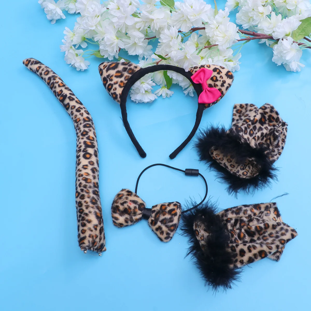 4-częściowy zestaw kostiumowy: opaska z głową leoparda, krawat, rękawiczki, akcesoria do przebrania na imprezę, maskaradę, Halloween, festiwal, cosplay zwierzęcy