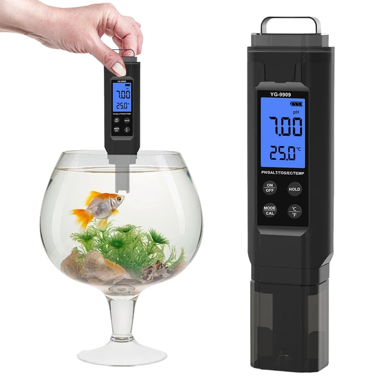 5 in 1 Digital Water Quality Tester Pen Salinity/PH/Temp/EC/TDS Meter for Drinking Water/Aquariums/Hydroponics/Pools-ABLA