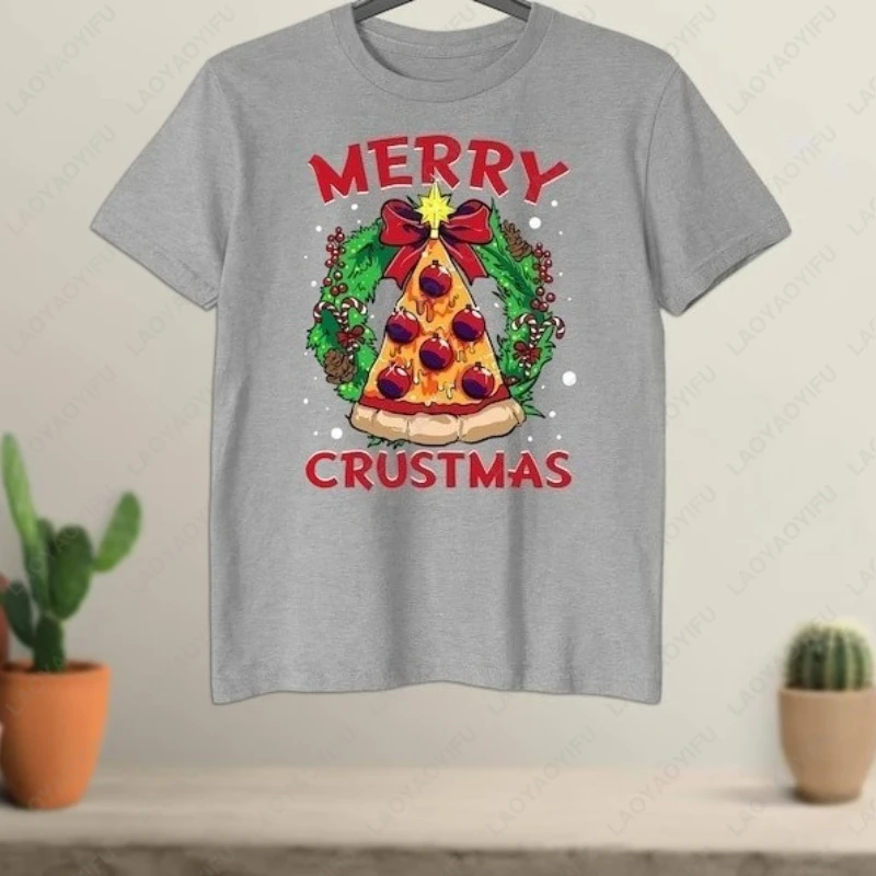 Christmas Tree Balls Xmas Crustmas Gifts TShirt Fun Pizza Slice Pattern for Holiday Wear‌ Clothing Men Women Cotton Vintage Tops