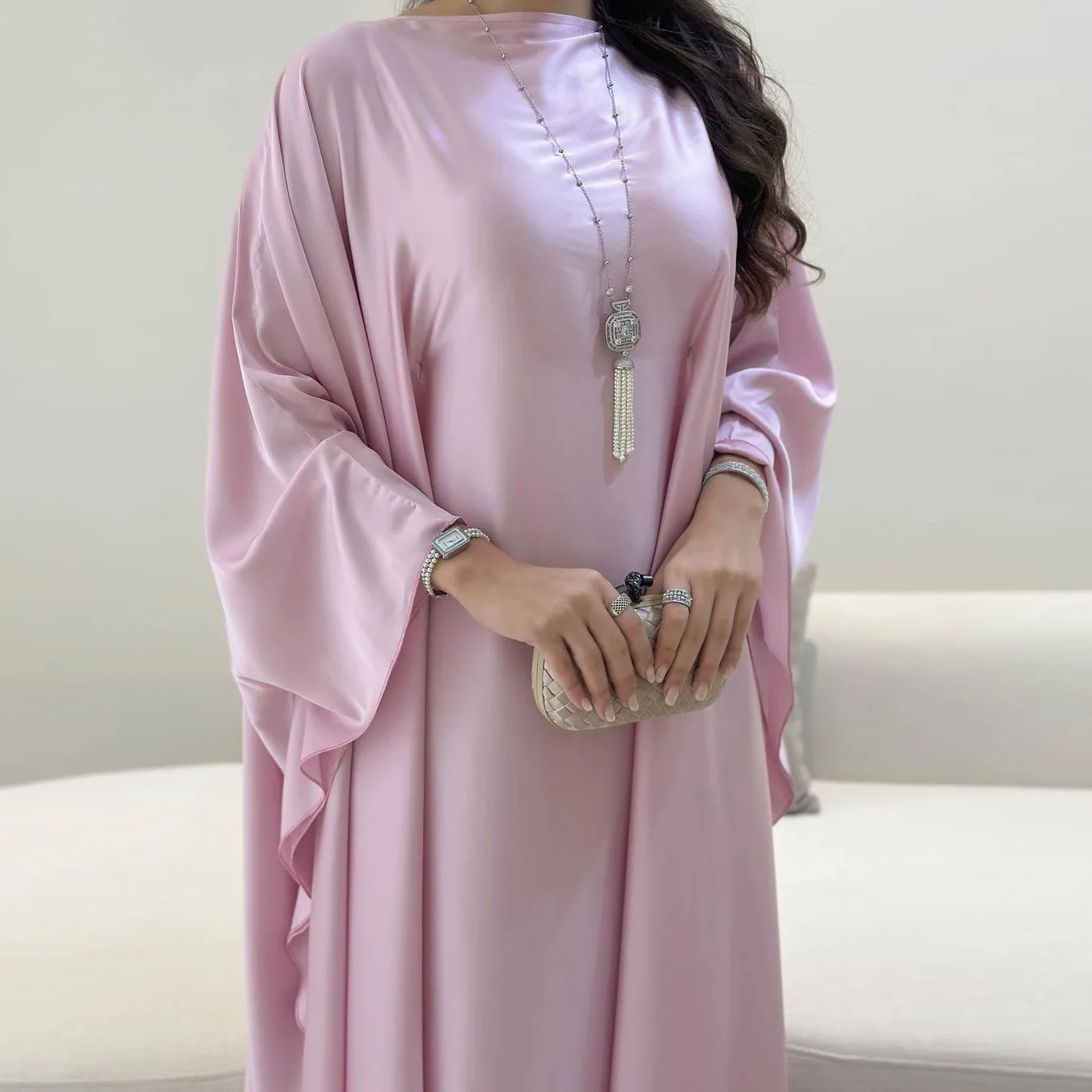 Vestido de cintura de seda brilhante muçulmano, Dubai Abaya, modest Ramadan, moda muçulmana, Médio Oriente Maxi, modest, luxo, novo, 24