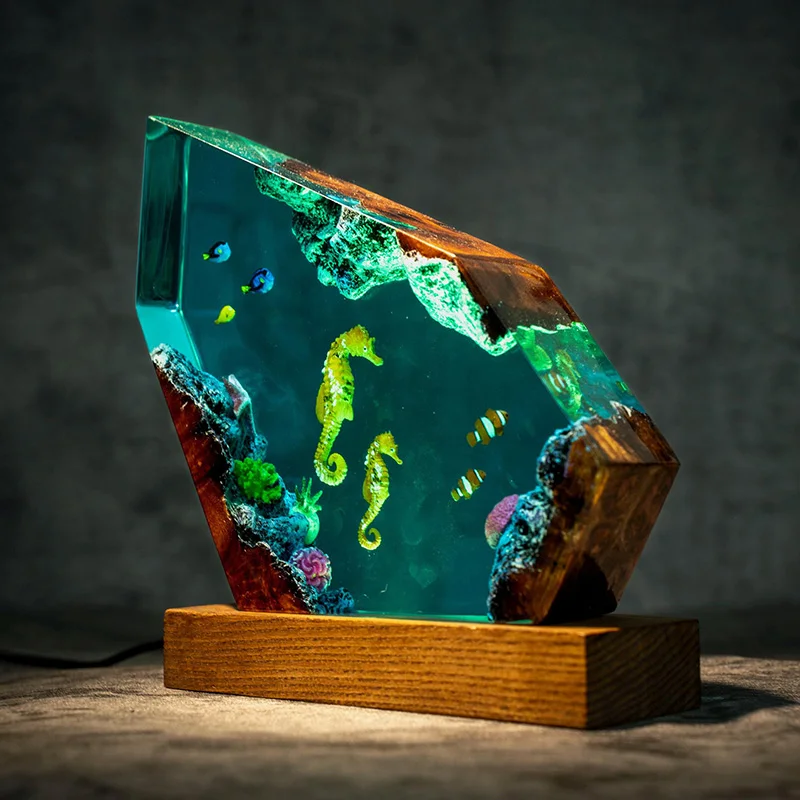 Seabed World Organism Resin Table Light Creactive Art Decoration Lamp Seahorse Clownfish Theme Night Light  USB Charge