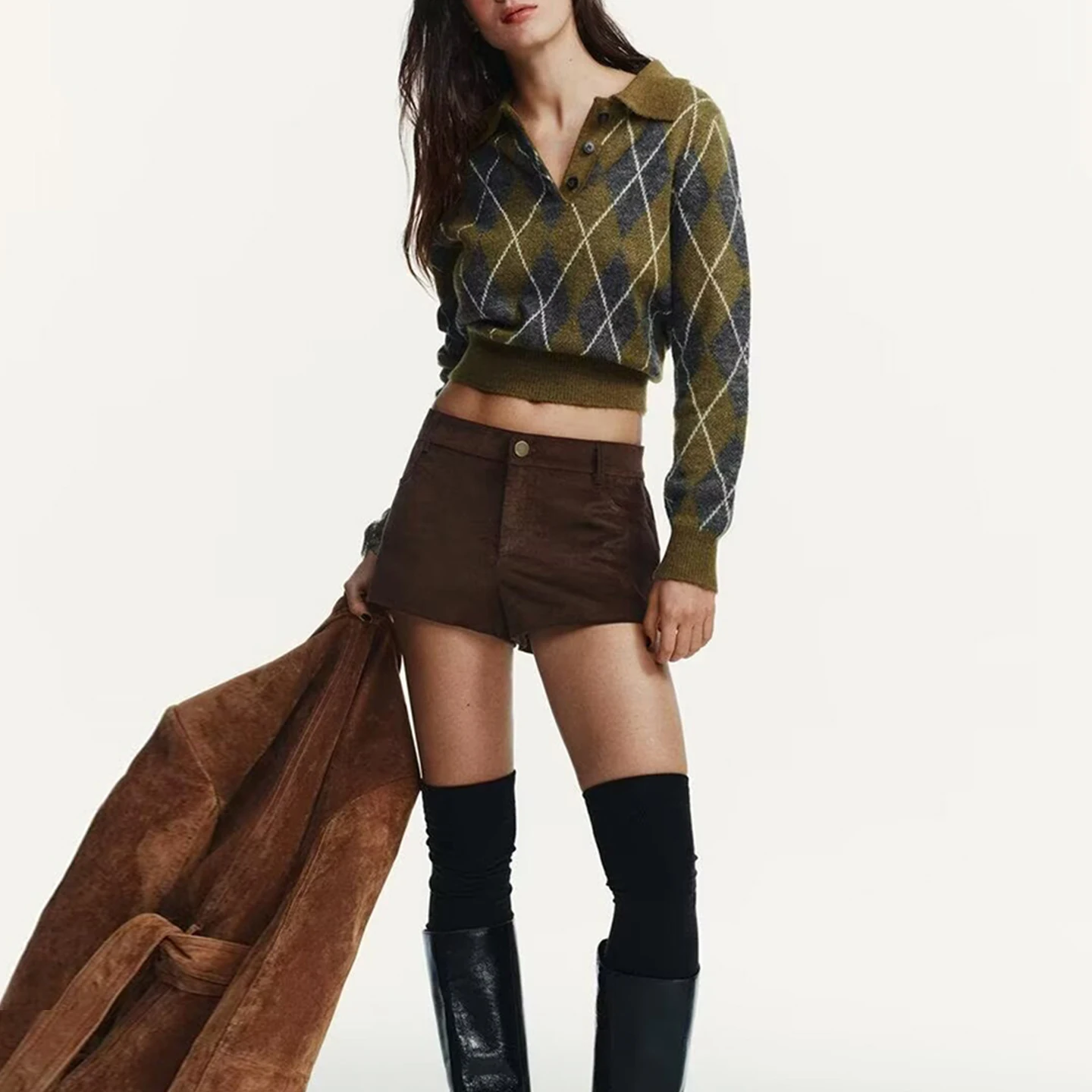 Women's Knitted Long Sleeve Diamond Pattern  Shirt Multi-Color Autumn Fashion Casual Style Button up Top Zadata Brand