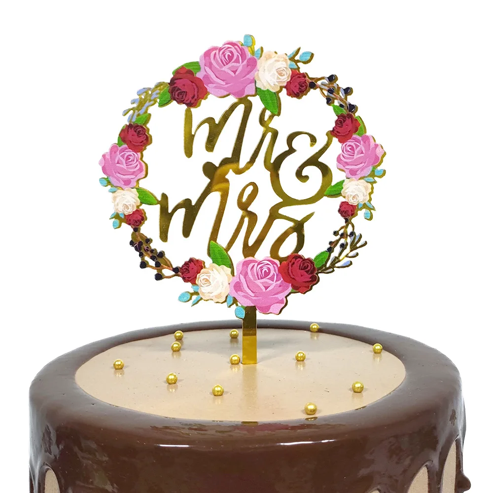 Color Mrs & Mrs Wedding Party Cake Toppers Gold Flowers Acrylic Bride and Groom Cake Toppers for Happy Wedding Cakes Decoration