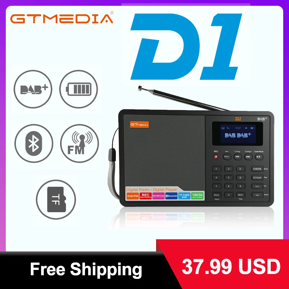 GTMEDIA D1 Portable Radio DAB+/FM+BT/Card/AUX Support BT\TF card digital player Support DAB174.92-239.20MHz FM 87.5-108MHz