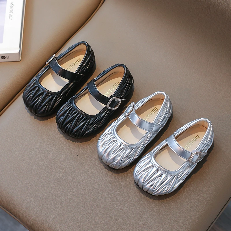 New Girl's Princess Shoes Pleated Black Sliver Fashion Autumn Kids Mary Janes Daily All-match Shallow Children Flat Shoes 21-35
