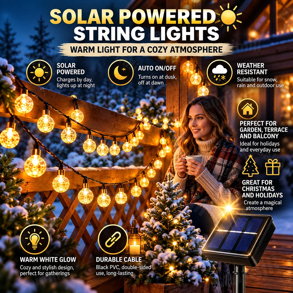 Solar LED Bubble Ball Garland Lights Waterproof 8 Dynamic Lighting Modes Warm White & Colorful Outdoor Landscape String Lights