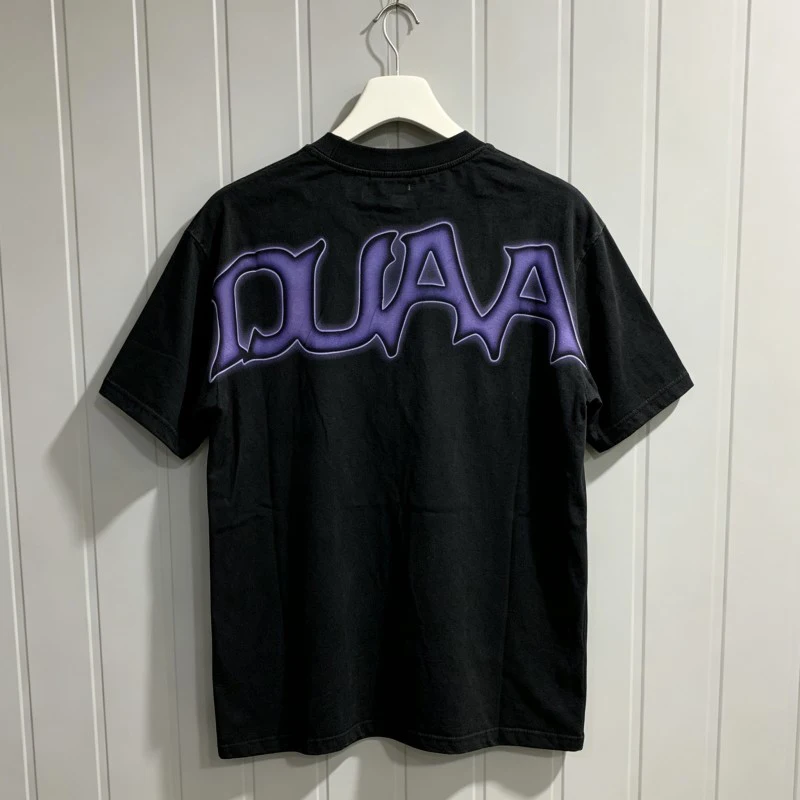 Vintage Washed Worn Black DUAA Tshirt Red Hotfix Rhinestone Letter Purple Graffiti Print Round Neck Short Sleeves Men Women
