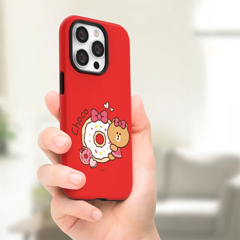 LINE FRIENDS-funda de teléfono de doble capa con dibujos animados para IPhone, carcasa brillante con dibujo de oso marrón para IPhone 16, 15, 14, 13, 12, 11 Pro Max, XS, XR