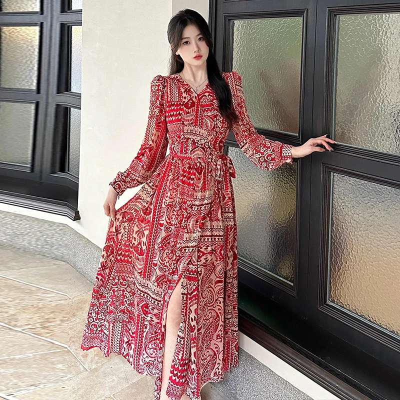 

Summer Holiday Beach Dress Women Fairy Printing Long Sleeves Loose Maxi Dresses