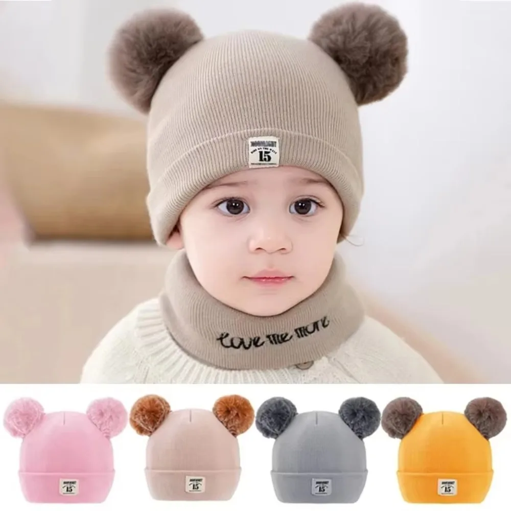 2pcs Winter Baby Hat Scarf Set Toddler Girl Boy Cap Knitted Beanie Fur Ball Cartoon Bear Snow Outfit Infant Accessories Baby Hat
