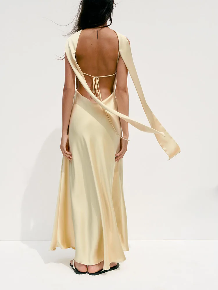 New Summer Thin Silk Satin Scarf Elegant Dress Gown High Waist Evening Gown  Color No Sleeve Women's Fashion Quality