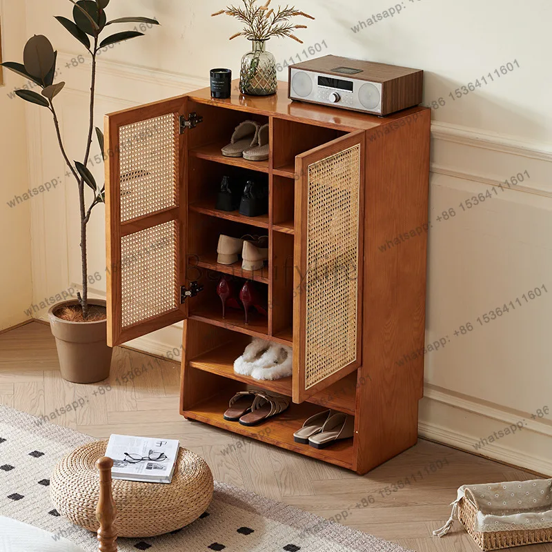 style Solid Wood Household Rattan Storage Entrance Shoe Cabinet Integrated Cabinet