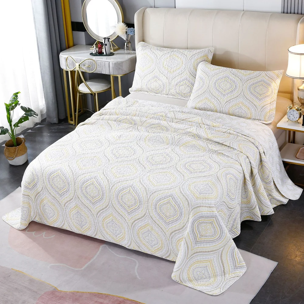 Golden Botanical Print Quilt Set King Queen Size- 3PCS 100% Cotton Lightweight Bedspread & Coverlet, All Season Thin Comforter