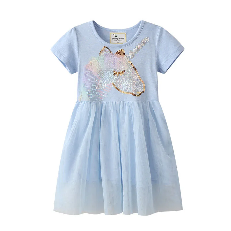 Jumping Meters Unicorn Beading Summer Princess Girls Party Dress  2-7T Short Sleeve Mesh Frocks Hot Selling Baby Birthday Gift