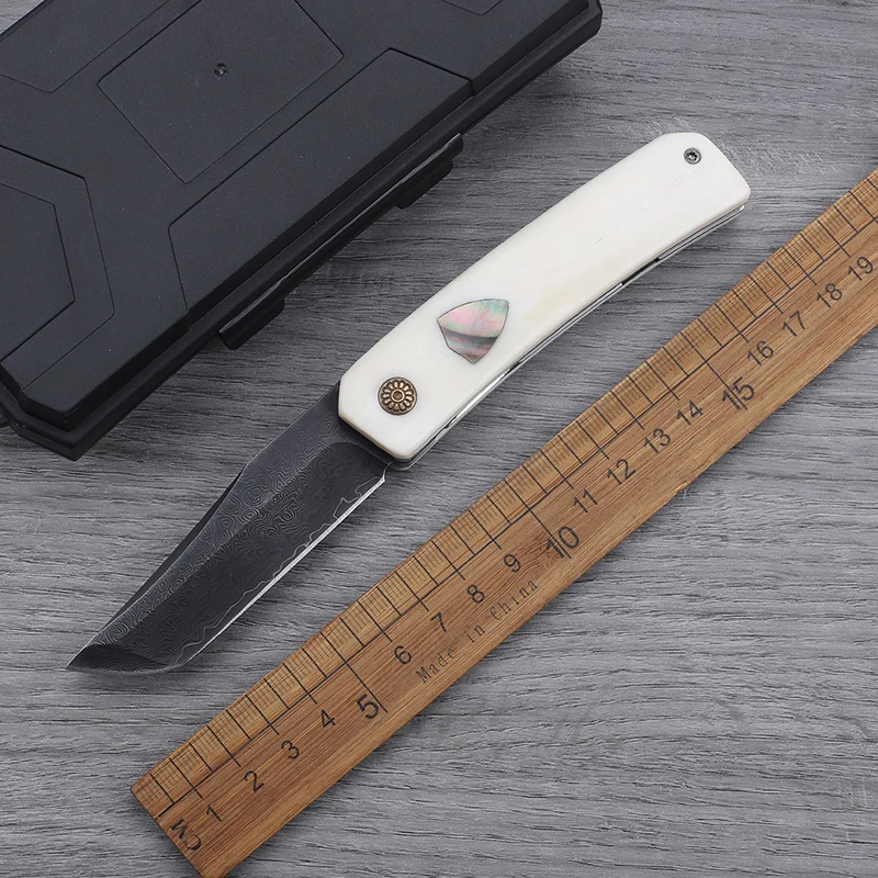 

Damascus steel (with VG10 steel core) cow bone shell handle folding knife, outdoor self-defense camping lightweight tool knife