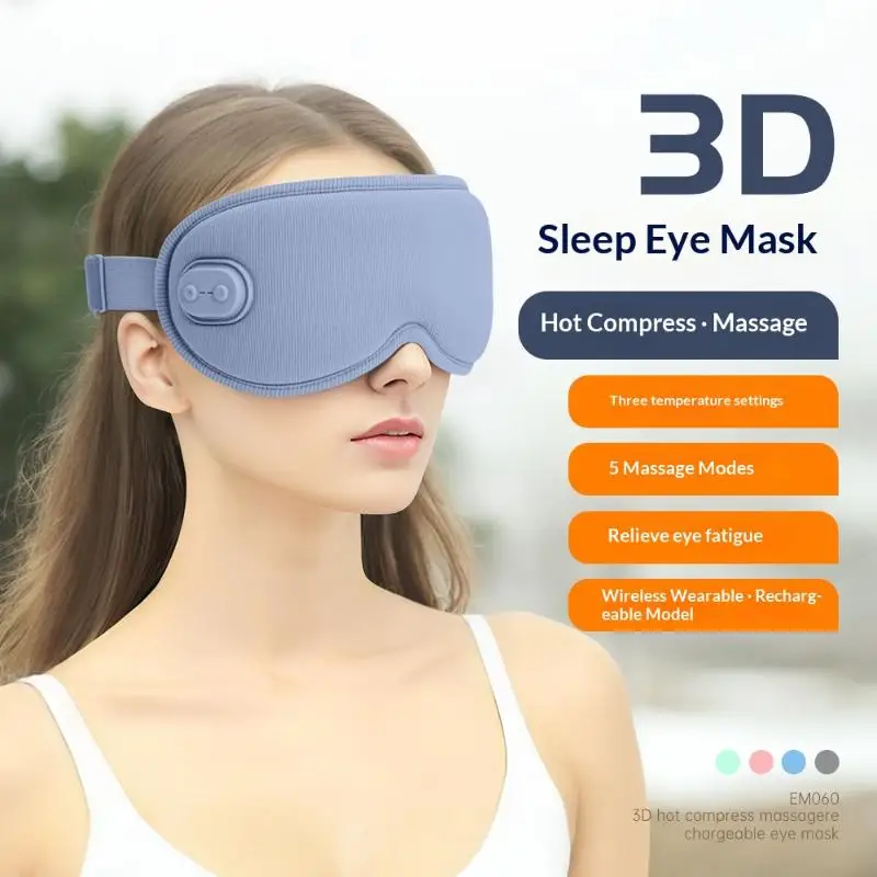 1Pcs 5 Vibration 3 Levels Adjustable Heating Sleep Mask 3D Cordless Eye Massager For Travel Reduce Dark Circles Eye Fatigue