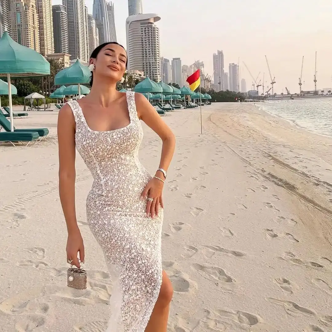 Ofherown-Vestidos de Noche sexis con abertura transparente para mujer, vestido de Noche ajustado con cuello cuadrado y espalda descubierta sin mangas, Vestidos de Noche personalizados