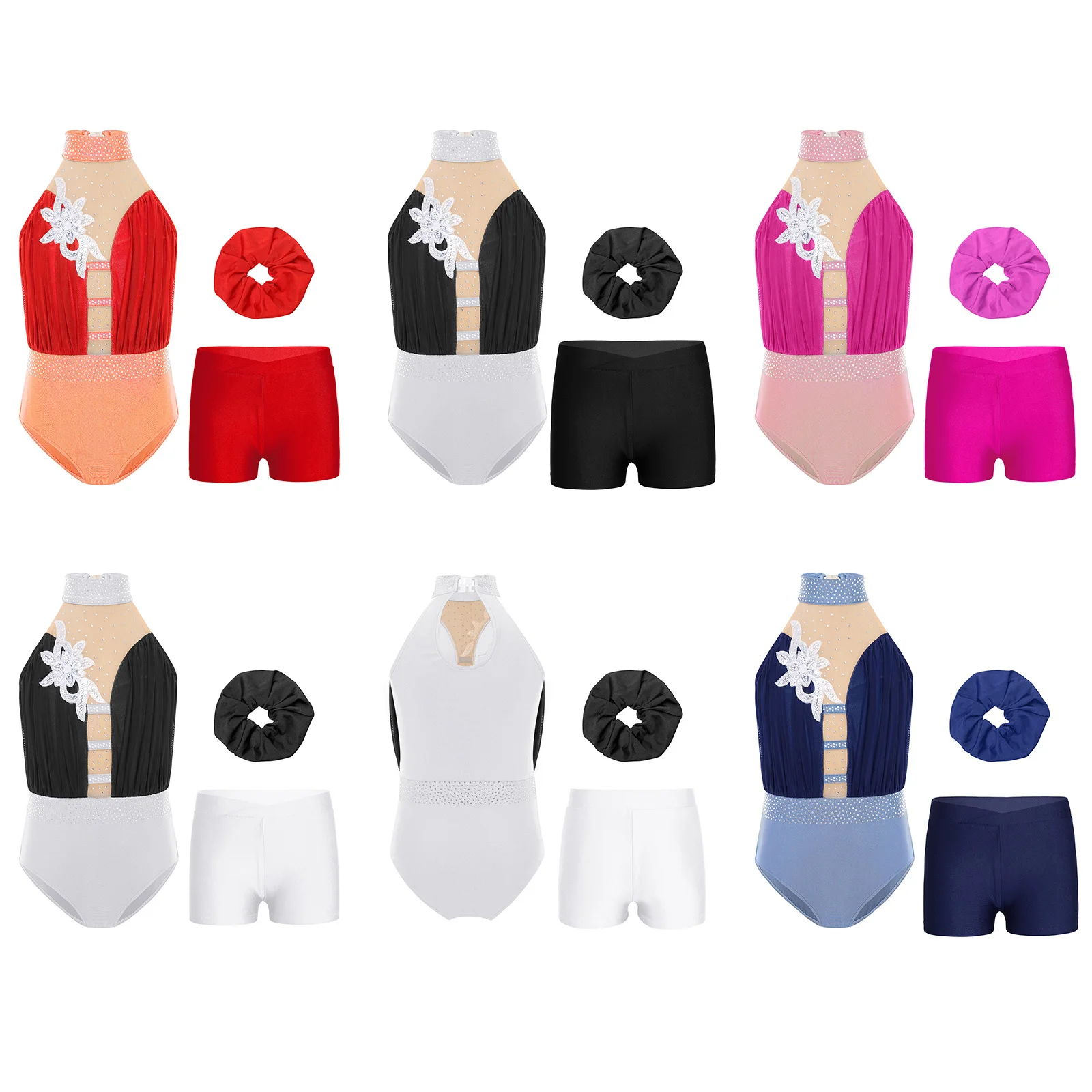 Kids Girls Ballet Outfits Figure Skating Rhythmic Gymnastics Sheer Mesh Applique Rhinestones Leotard Stage Performance Costume