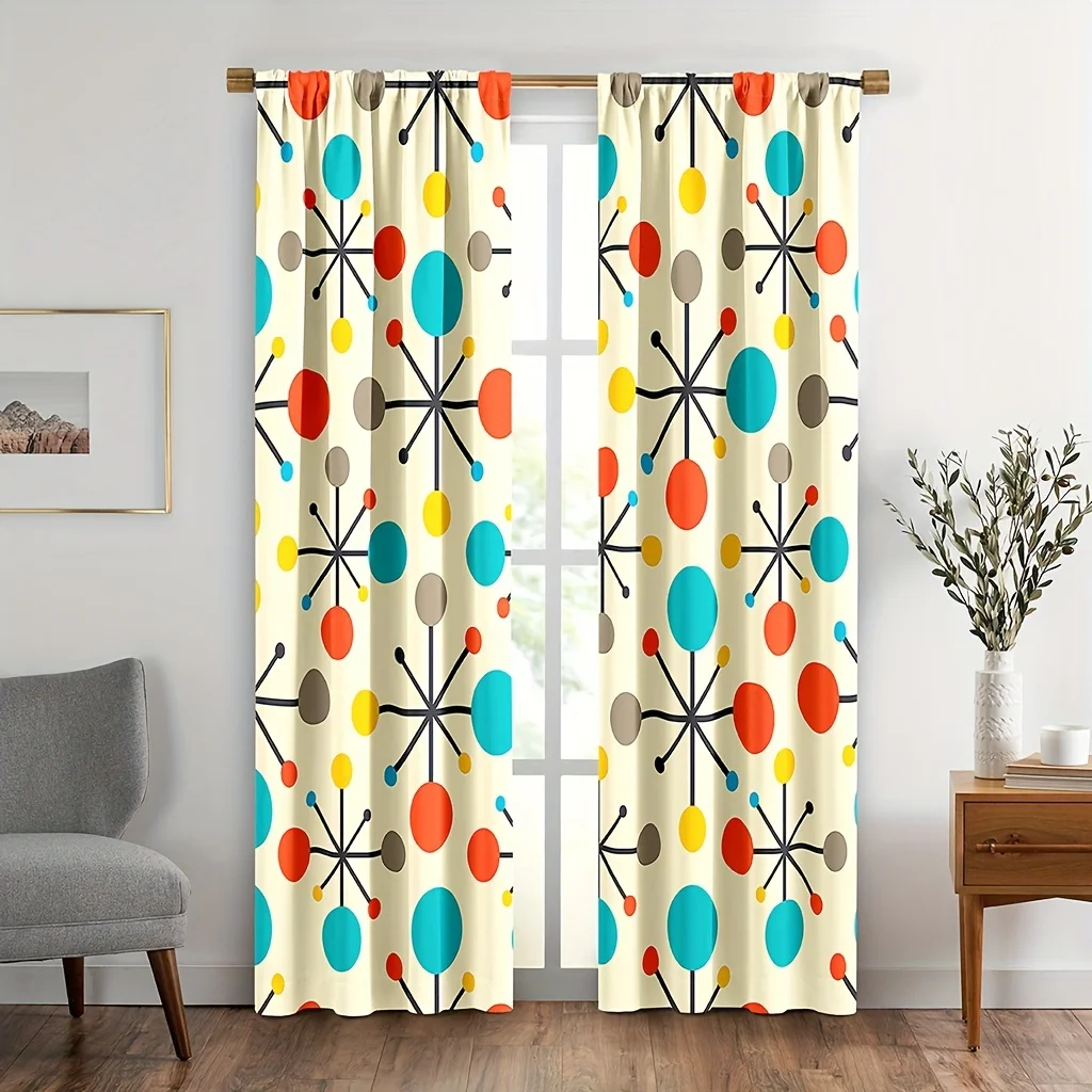 Retro Geometric Curtain, Colorful Starburst Dot Print Drapes, Mid-Century Modern Window Curtains, Living Room Bedroom Decor,