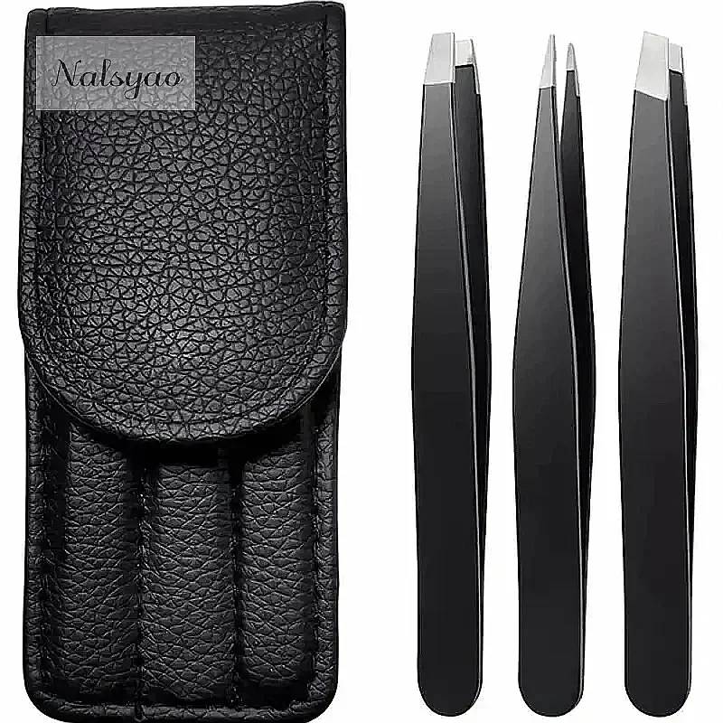 Wholesale 3pcs 4pcs Premium Stainless Steel Eyebrow Tweezers Set Precision Sharp Flat Slanted Pointed Black
