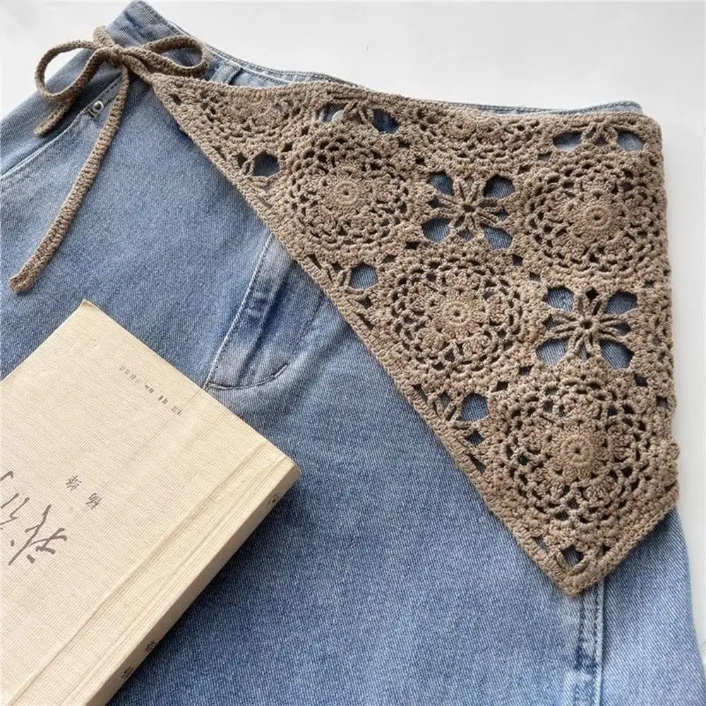 Sweet Handmade Crochet Hollow Triangle Headband French Pastoral Style Knitted Headscarf Summer Travel Literary Photo Hair Scarf