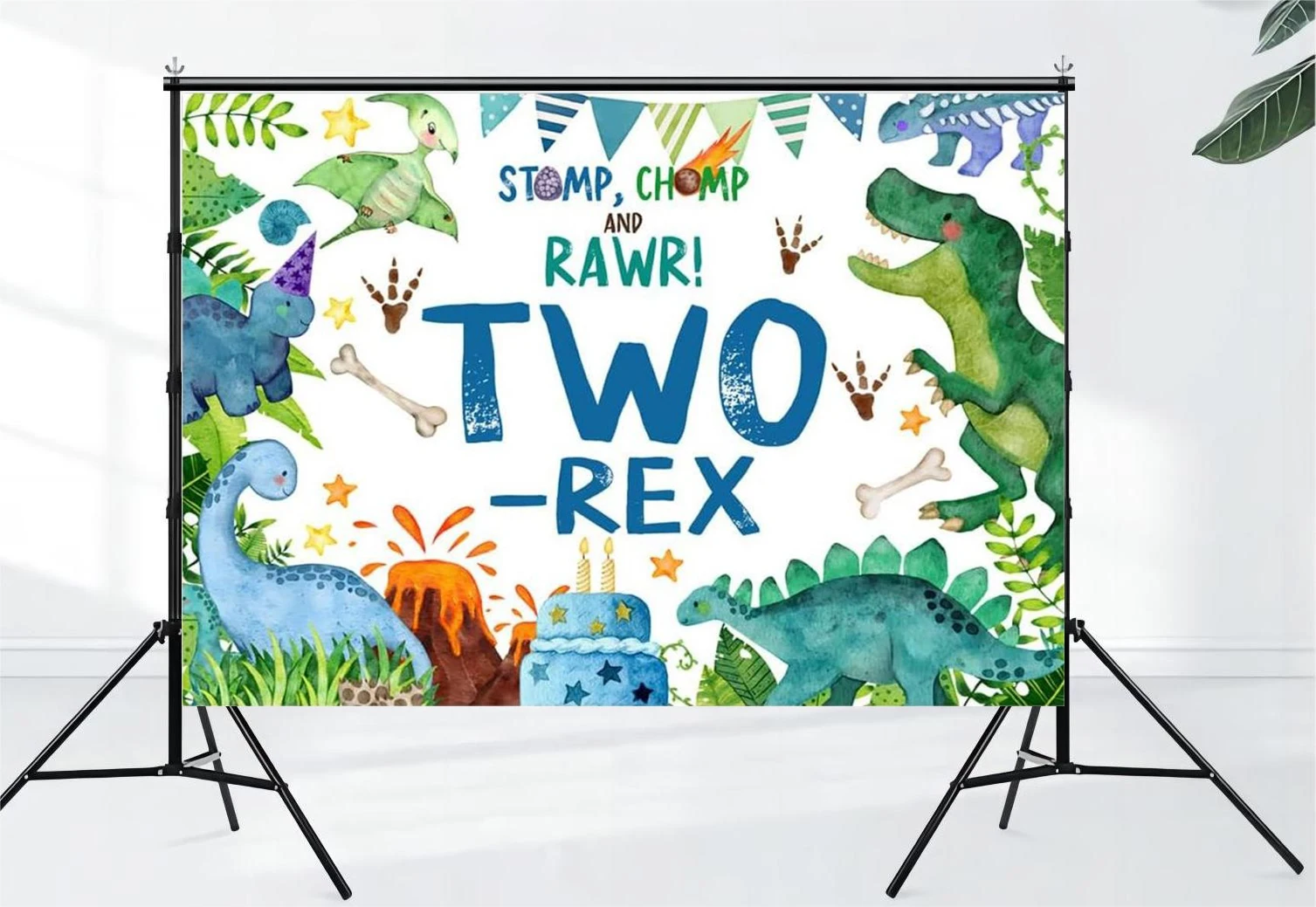 Blue dinosaur birthday background cartoon green palm leaf photography background children's and boys' party decoration props