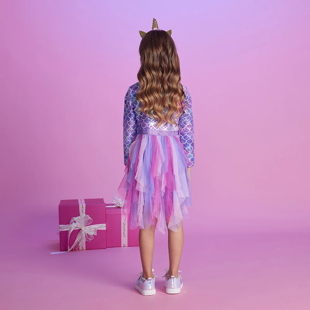 DXTON Autumn Princess Dress Mermaid Children Birthday Party Girls Dress Irregular Layered Prom Kids Long Sleeve Costumes 3-8Y image 3