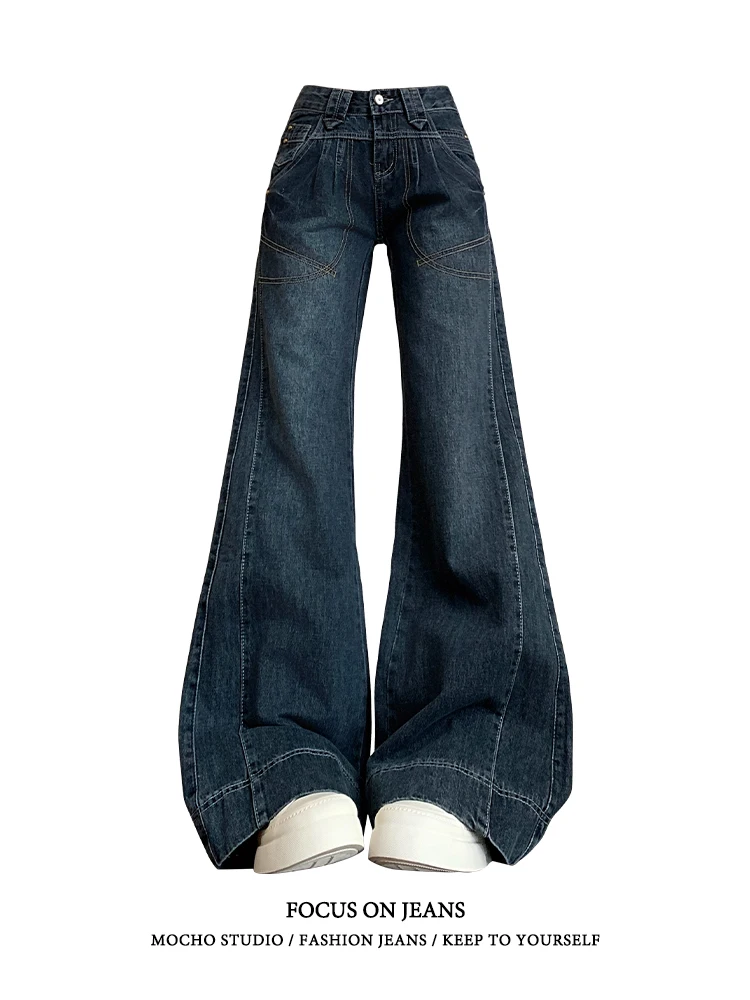 American Retro Low Waist Patchwork Micro Flared Jeans Women's Loose Slimming Wide Leg Pants Autumn High Street Design Sense