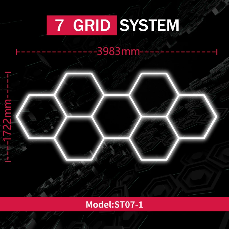 Hexagon LED Lights for Garage Ceiling, 110V/220V Honeycomb Hexagon Light Fixture, 7 Grid Car Detailing Workshop Barber Shop Hair