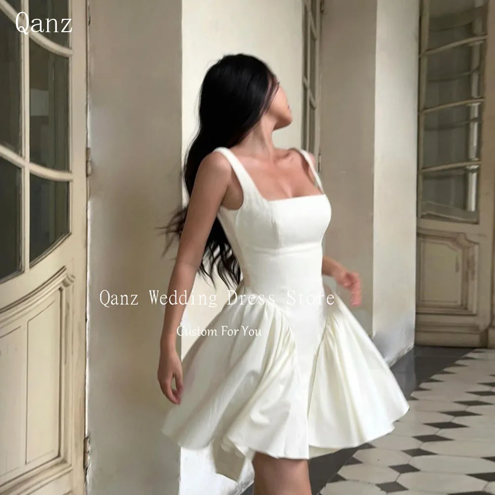 

Qanz Vintage Wedding Dresses Spaghetti Straps Backless Satin Party Dress Short Plus Size Vestidos De Fiestas Elegantes Mujer