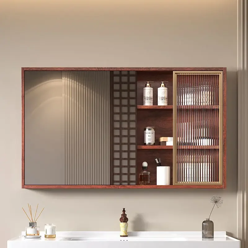 New Chinese solid wood intelligent push-pull hidden feng shui mirror cabinet wall-mounted cosmetic storage separate bathroom mir