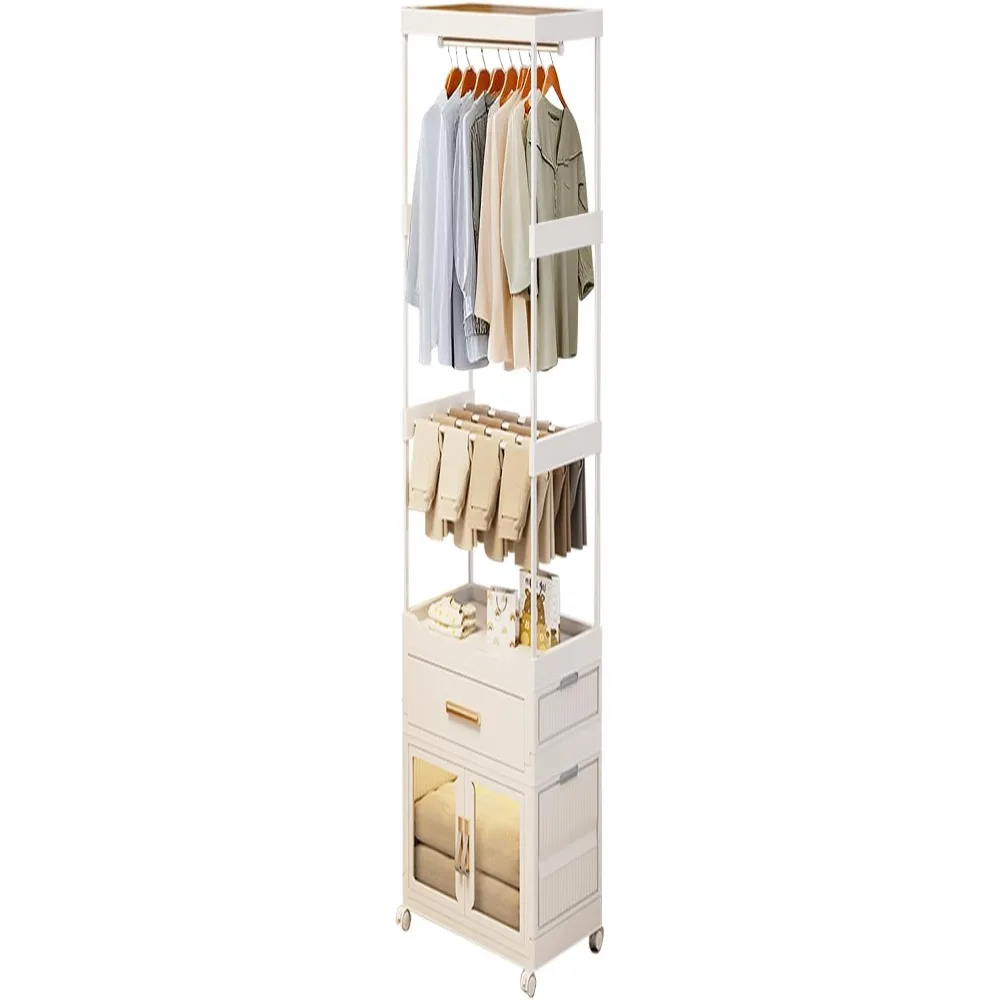 

Portable Wardrobe with Drawer,Collapsible Clothes Storage Rack with Wheels,Plastic Closet Organizer with Hanging Rod