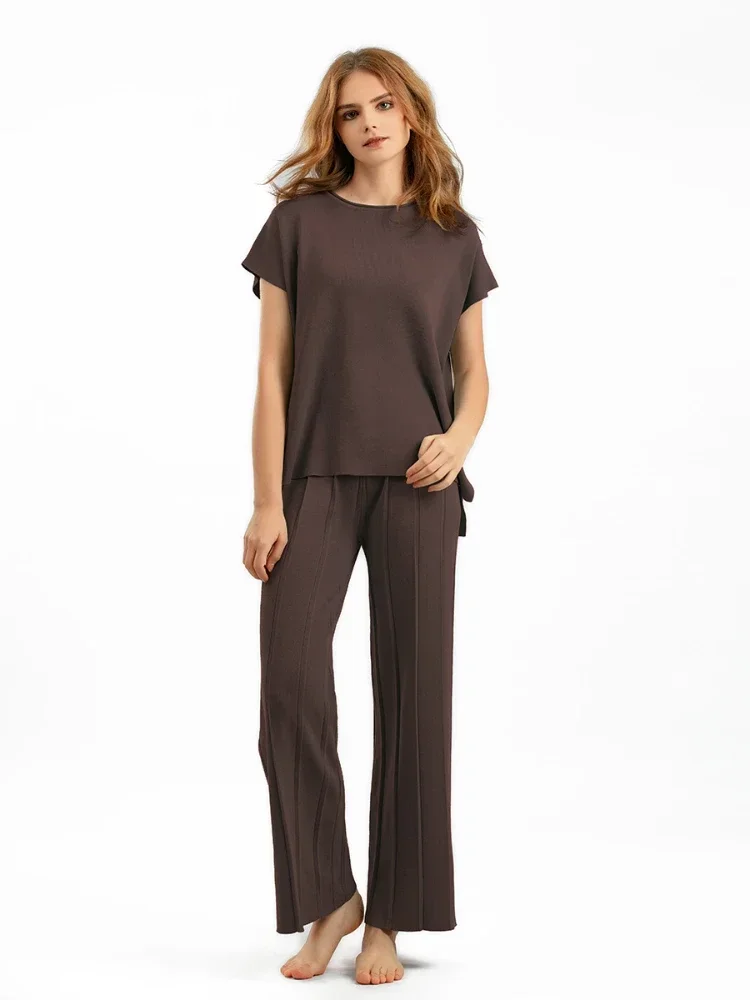 

2025 Casual Suits Women Summer New Solid Sleeveless Vest Knit Sweater Wide Leg Pants Oversized Two Piece Sets Womens Outifits