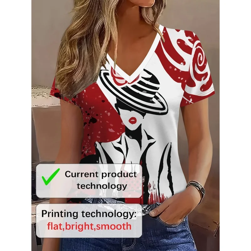 Elegant Abstract Painting of a Refined Woman with Color Block Patchwork Graphic Full Print Breathable V-Neck Short SleeveT-Shirt